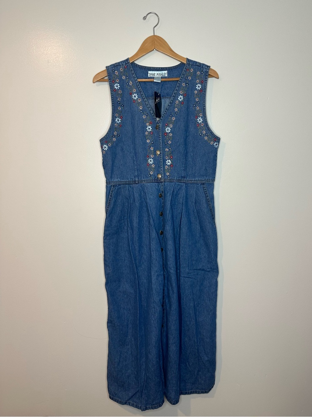 Jane Ashley Women's S Denim Maxi Dress 90's Vintage Embroidered Cottage Prairie